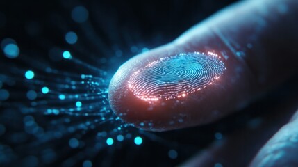 Close-up of a finger with a glowing digital fingerprint overlay, symbolizing biometric security and technology.