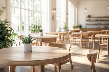 Modern Cafe Interior with Stylish Wooden Furniture and Open Space Design
