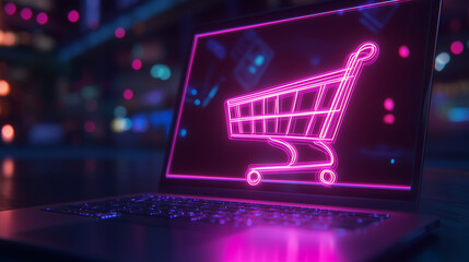 Shopping cart icon, Neon shopping cart on a laptop screen, Cyber Monday, Online shopping, Sales, Cyber offers, E commerce, Shopping from home