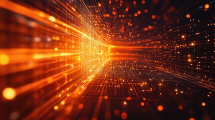 Obraz premium Neon Cyber Network. Futuristic Tech Grid with Glowing Orange Lights