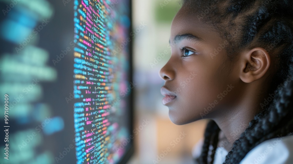 Poster a young black student is intently focused on coding at a computer, closely examining colorful lines 
