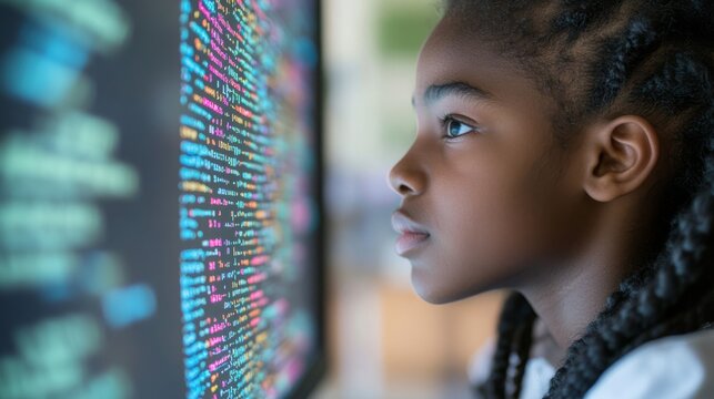 A young Black student is intently focused on coding at a computer, closely examining colorful lines of digital code on the screen, symbolizing concentration and growth