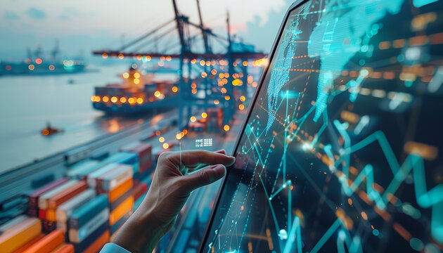 Businessman holding virtual interface panel of global logistics network distribution and transportation on container cargo ship harbor Smart logistics, Industry, Innovation future of transport