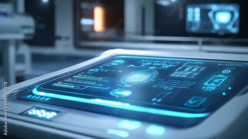 Poster a advanced control panel shows virtual buttons with healthcare analytics and patient data in a sleek