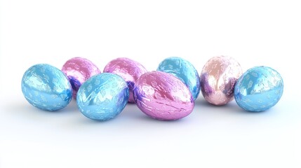 Obraz premium Colorful Easter Egg Collection. Vibrant Chocolate Eggs in Aqua, Pink and Blue Foil. Festive Season Celebration