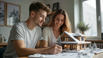 A happy couple collaborates on their dream house model, sketching plans and envisioning their future home. Ideal for real estate, home design, and financial planning themes