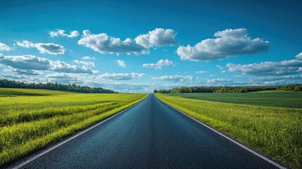 Wide open road leading into the horizon with clear blue sky and white clouds