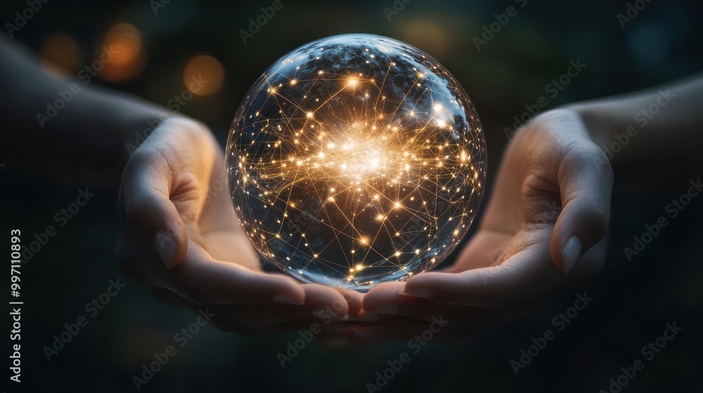 Poster hands hold a transparent globe with digital connections and nodes superimposed over it. represents t