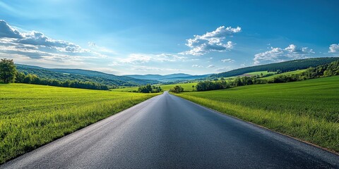 Wide open road leading into the horizon with clear blue sky and white clouds