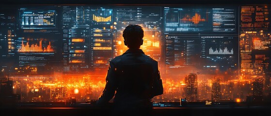 Futuristic Cityscape with Glowing Lights and Digital Interface