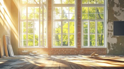 Fototapeta premium Home refurbishment process on a sunny day, featuring large, modern windows that allow natural light to flood the space. The image captures the essence of home improvement and renovation.