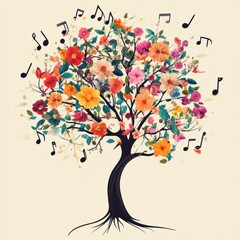 Naklejka premium Human brain tree with flowers and music notes, self care and mental health concept, positive thinking, creative mind, generative AI