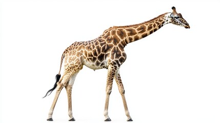 Fototapeta premium Here is a picture of a giraffe. It's standing by itself on a pure white backdrop. The image shows the giraffe from the side.