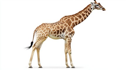 Naklejka premium Here is a picture of a giraffe. It's standing by itself on a pure white backdrop. The image shows the giraffe from the side.