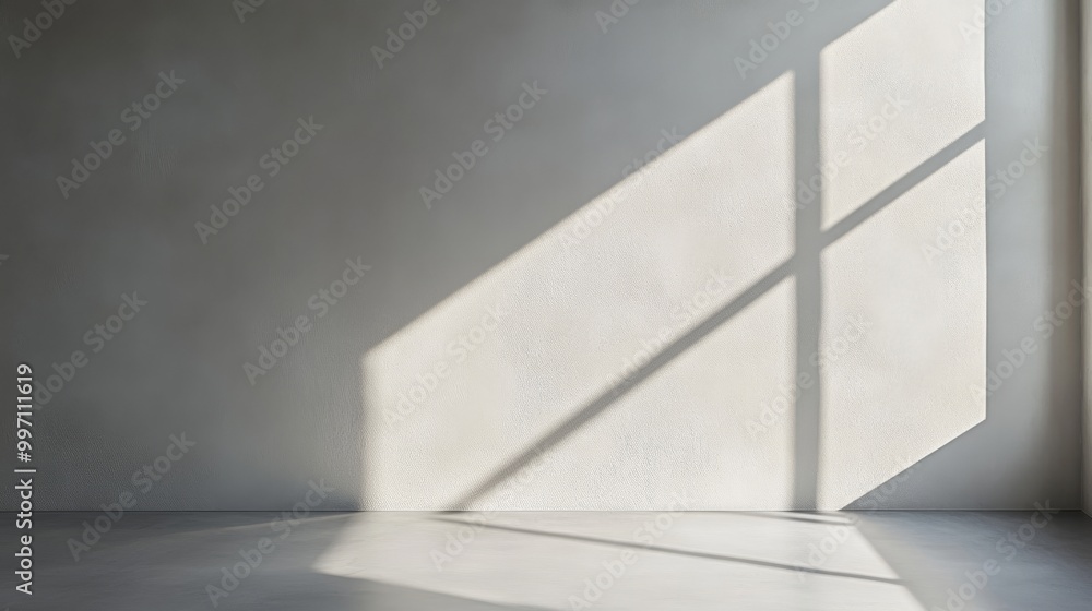 Poster gentle illumination from a window casts subtle shadows on a clean, blank wall, creating a tranquil a
