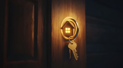 Key with a house shape keychain in the door keyhole.