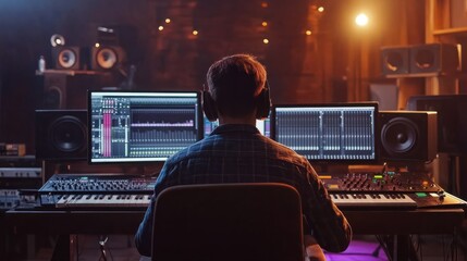 Male artist produces music in soundproof studio with computer mixing desk and audio engineer. Explore music production process, recording studio environment, and collaboration with skilled profession