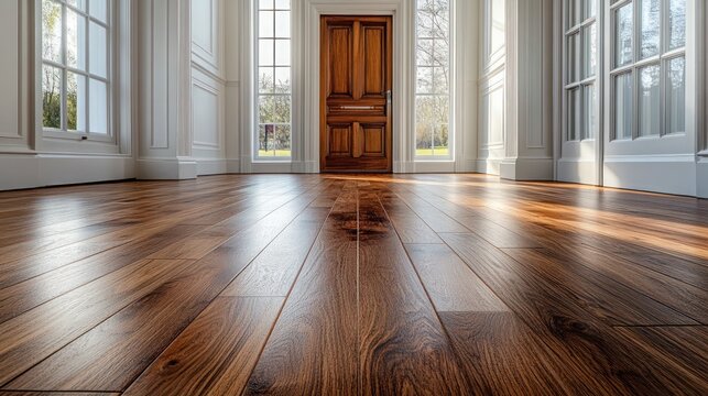 Empty modern room with minimalist polished brown hardwood parquet flooring and textured white walls. an elegant, contemporary interior