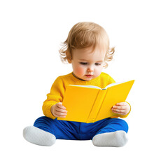 Child reading a book, cheerful expression isolated on transparent background.