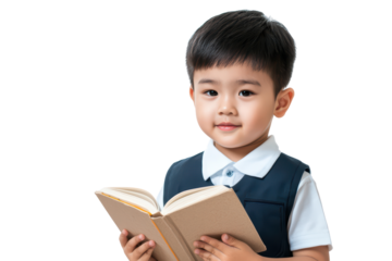 Child reading a book isolated on transparent background.