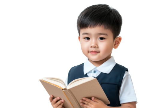 Child reading a book isolated on transparent background.