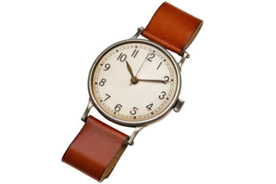 Classic wristwatch with leather strap isolated on transparent background.