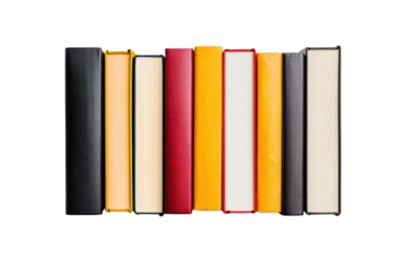Colorful books arranged neatly isolated on transparent background.