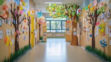 Creative kindergarten hallway decorated with a tree. AI generated image
