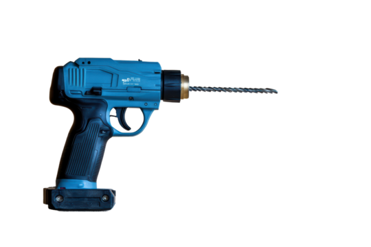 Cordless drill with blue body isolated on transparent background.
