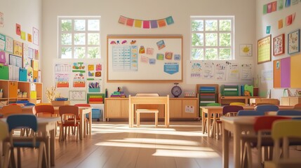 Bright and cheerful kindergarten classroom full of learning materials. AI generated image