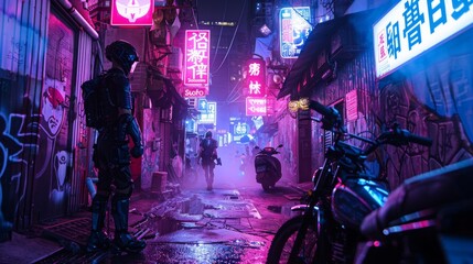 Advanced cyborg in a cyberpunk cityscape