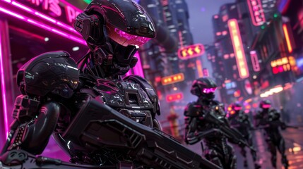 Advanced cyborg in a cyberpunk cityscape