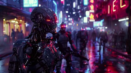 Obraz premium Advanced cyborg in a cyberpunk cityscape