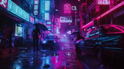 Obraz premium Advanced cyborg in a cyberpunk cityscape