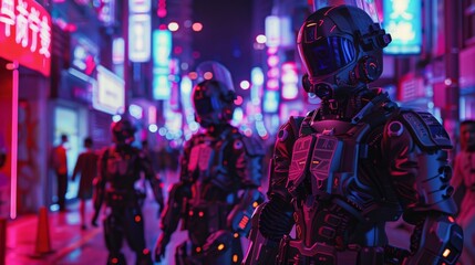 Naklejka premium Advanced cyborg in a cyberpunk cityscape