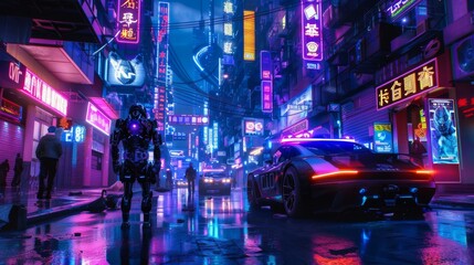 Advanced cyborg in a cyberpunk cityscape