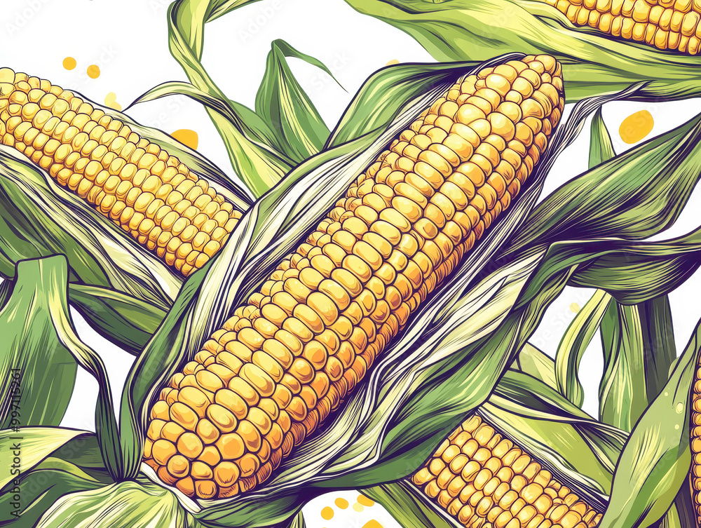 Sticker Illustration of corn cobs with husks on a white background.