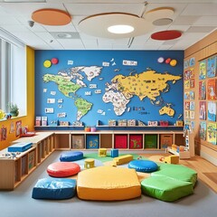 Colorful and engaging kindergarten and preschool classroom with playful decor. AI generated image
