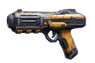 Futuristic handgun design with black and orange accents isolated on transparent background.