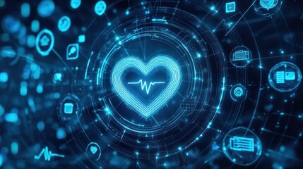 Obraz premium A digital interface with vibrant icons, predominantly in blue, highlighting a heart symbol encircled, signifying health technology.