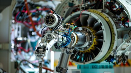 Fototapeta premium AI-powered robot performing vibration analysis on an aircraft engine