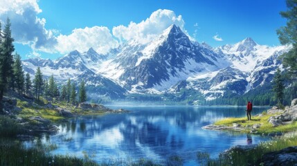 Fototapeta premium A hiker stands by a peaceful lake with a stunning view of towering, snow-capped mountains under a clear blue sky, capturing nature's beauty and tranquility.
