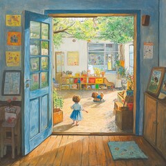 Children playing in a sunny kindergarten with an open door to the playground. AI generated image