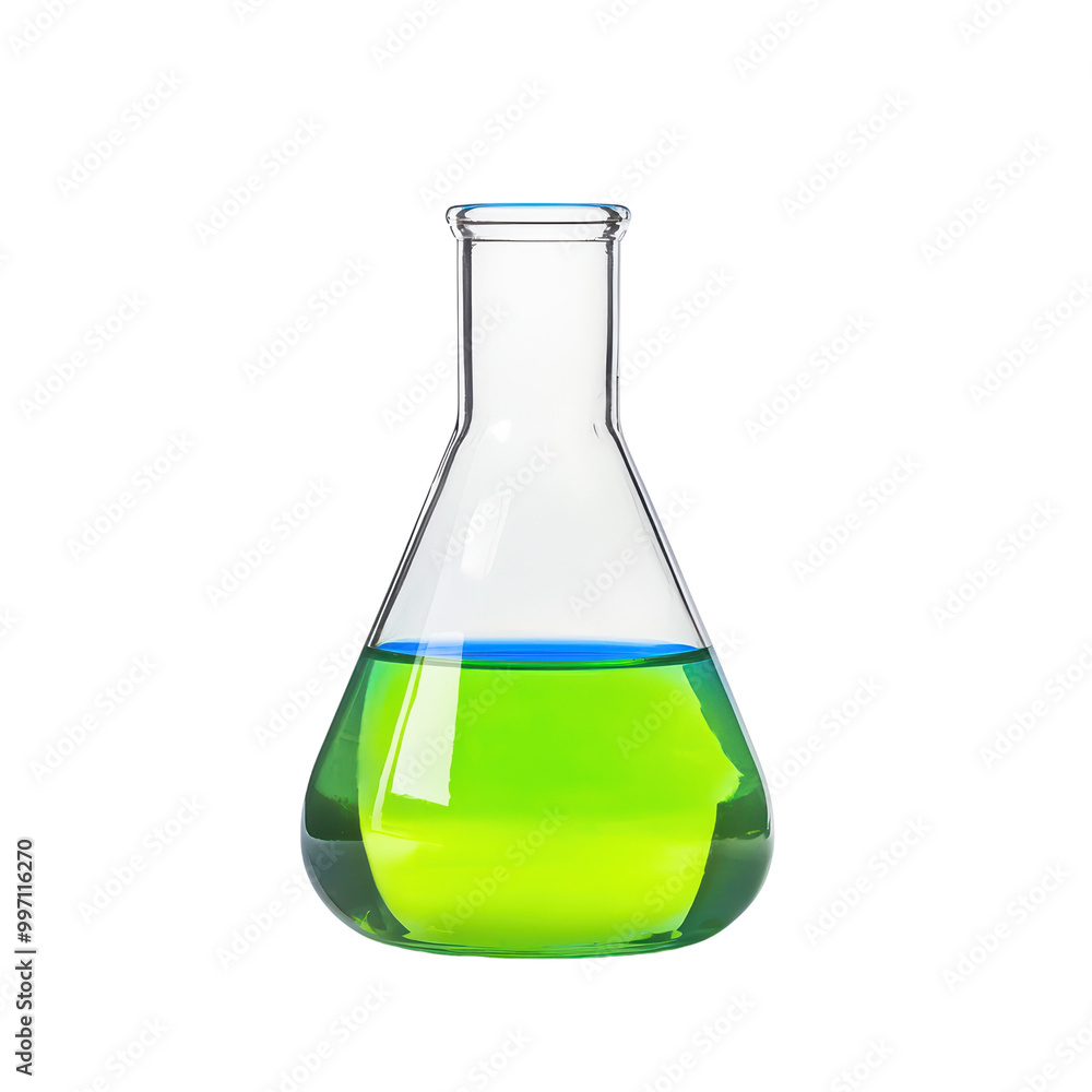 Poster laboratory flask with colorful liquid isolated on transparent background.