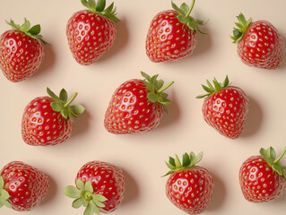 Strawberries arranged on a beige background, top view.