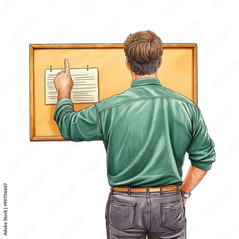 Poster man pointing to a presentation on a notice board isolated on transparent background.