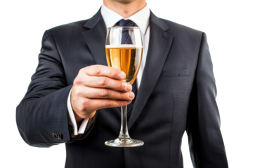 Man in a suit holding a glass of champagne isolated on transparent background.