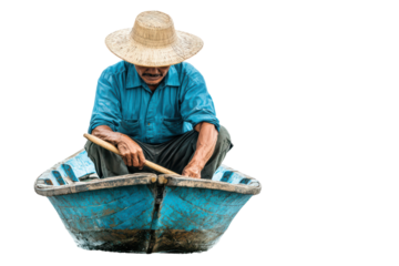 Man rowing a boat isolated on transparent background.