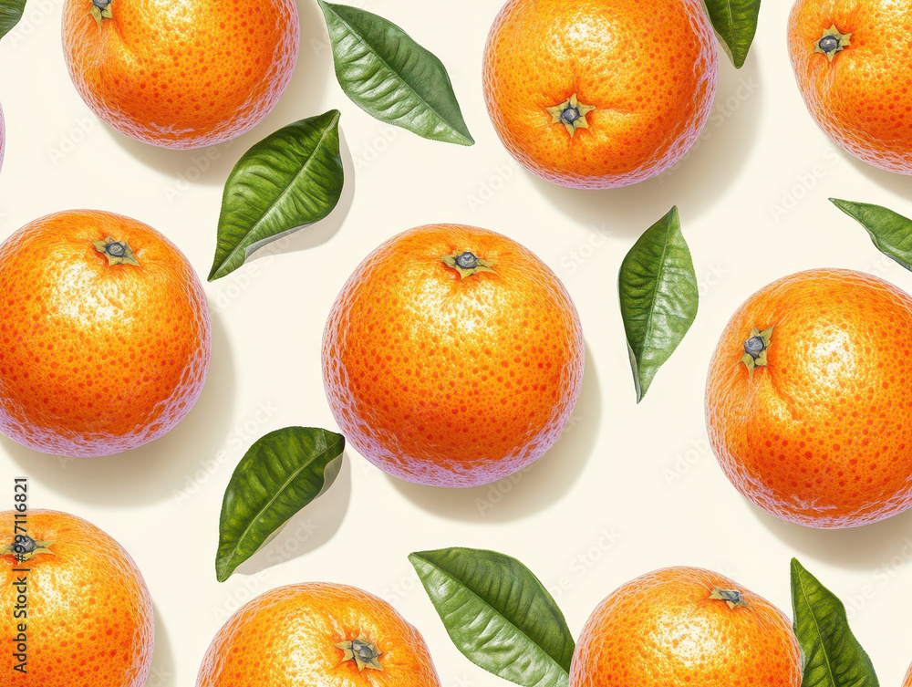 Poster Pattern of tangerines and green leaves on a white background.