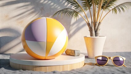 3D render, purple summer concept with empty podium for showing product decorate with summer beach...